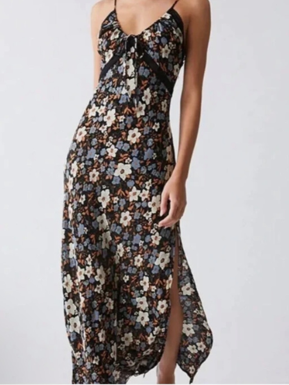 Free People Black Multi Floral Slip Maxi Dress With Leg Slit And Lace Trim